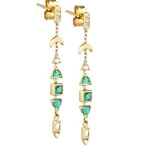 Gorgeous Dangle Earrings Gold w/Green Zircon Moon Celestial Jewelry BEAUTIFUL